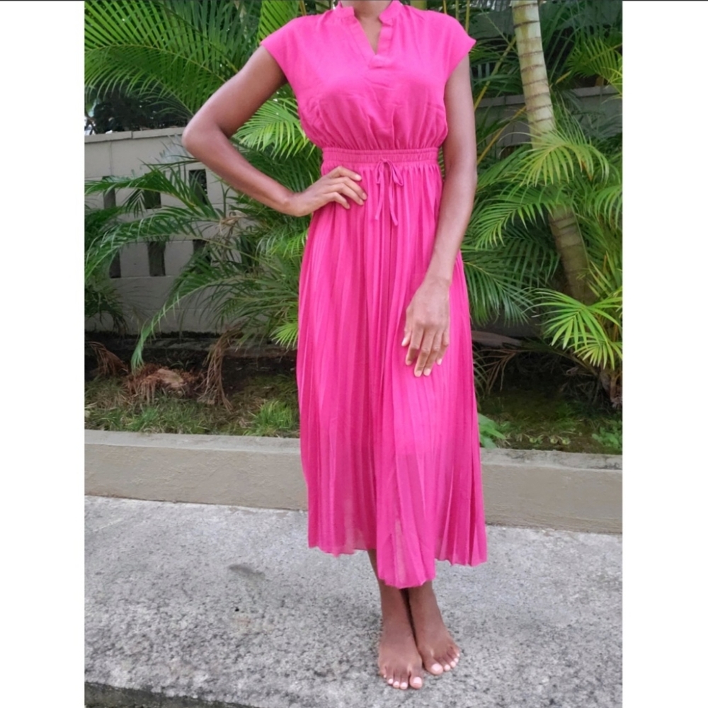 V Neck Ruffle Belted Pleated Flounce Sleeve Long Maxi Dress